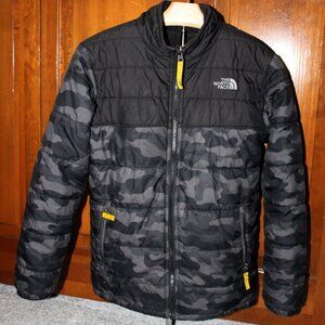 The North Face down jacket, black/grey camo, boys size Med (8-10)